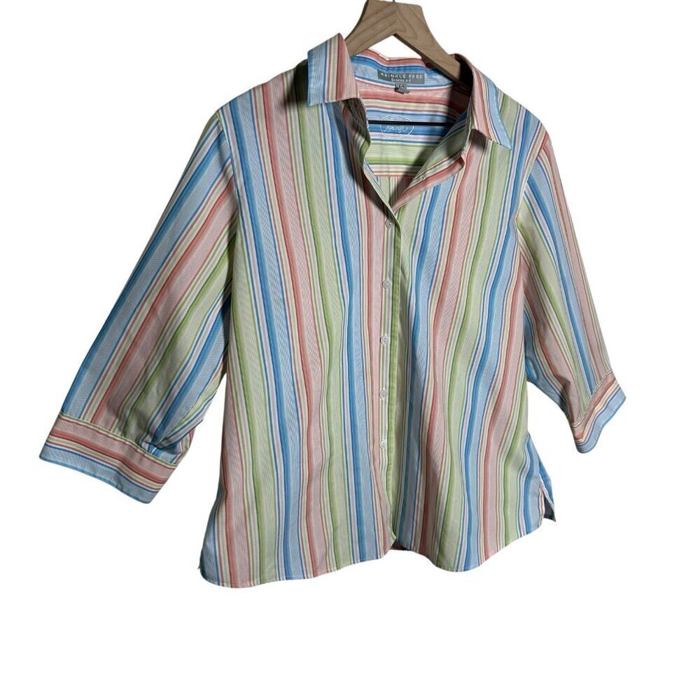 Foxcroft Wrinkle Free Striped 3/4 Sleeve Top Sz 14P Button Cotton Travel *Flaw - Picture 3 of 11